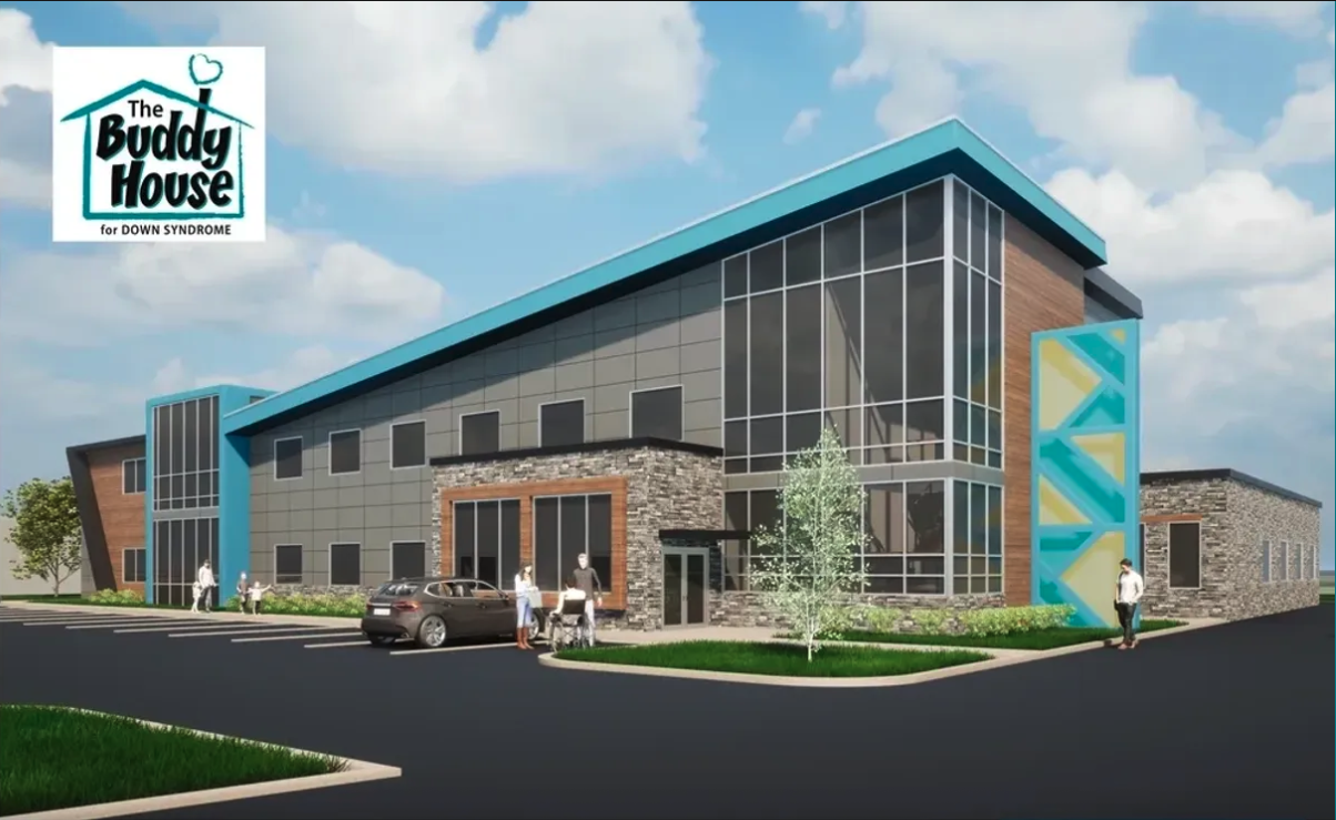 Architectural rendering of the new Buddy House building with teal roofline and glass entry